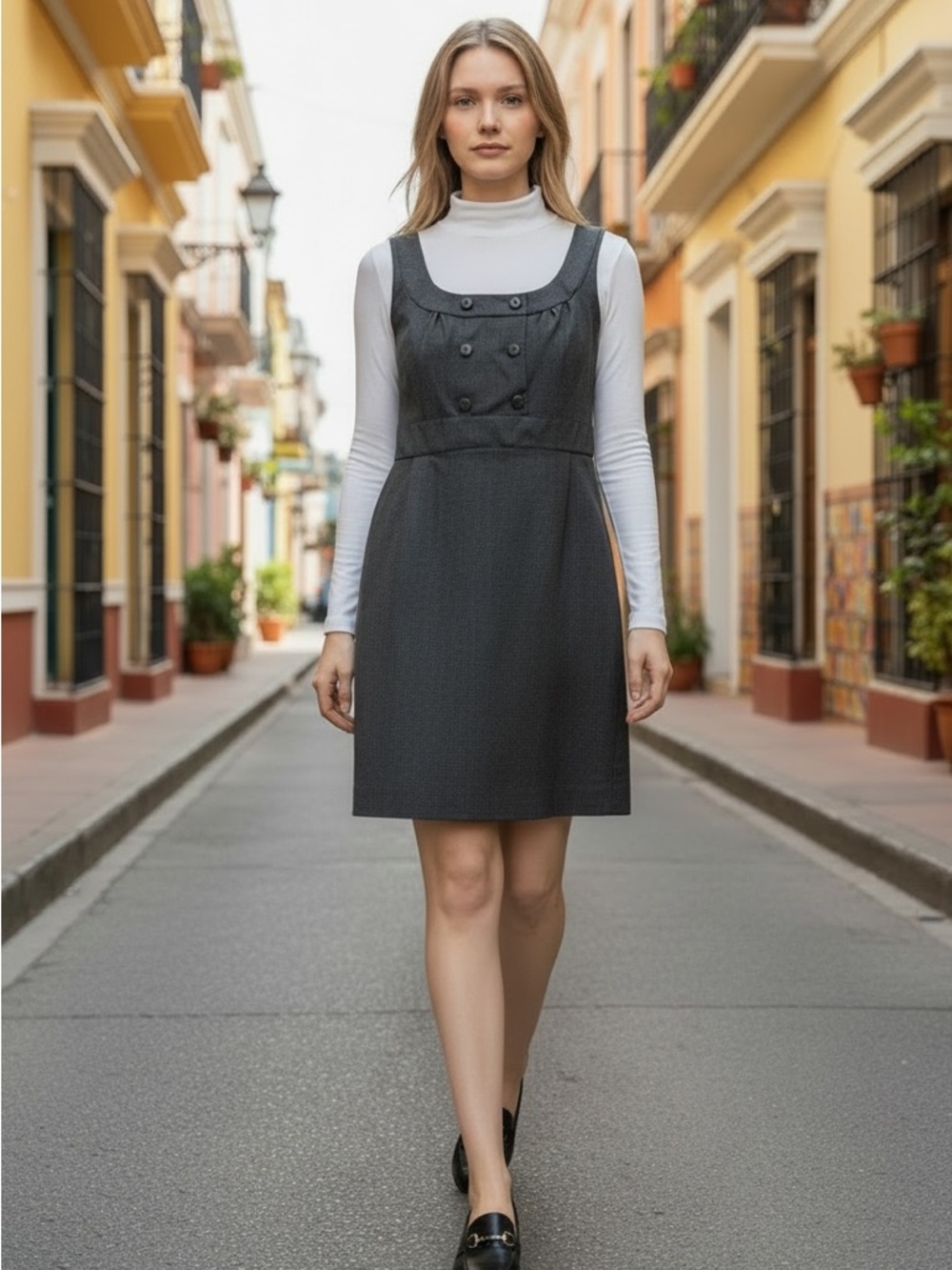 MNG Gray Twill Sheath Dress Sleeveless Knee Length Square Neck Size 10